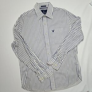 American Eagle Outfitters Men's White With Navy Stripe, Dress Shirt, Size Large
